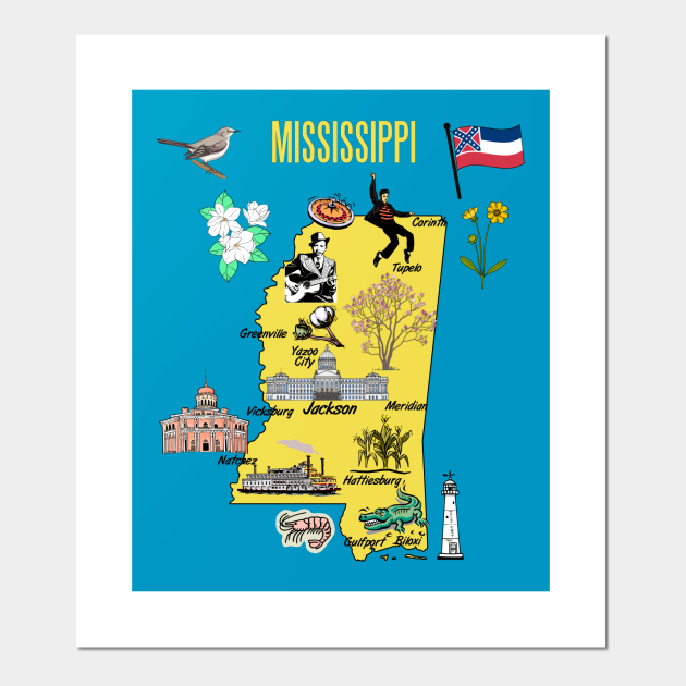 Mississippi tourist map with landmarks, attractions and famous symbols